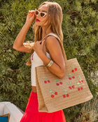 Sweet Land Woven Straw Embroidered Cherry Tote Bag