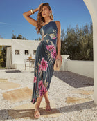 Teal Floral % Modern Day Glam Printed One Shoulder Asymmetrical Maxi Dress-1