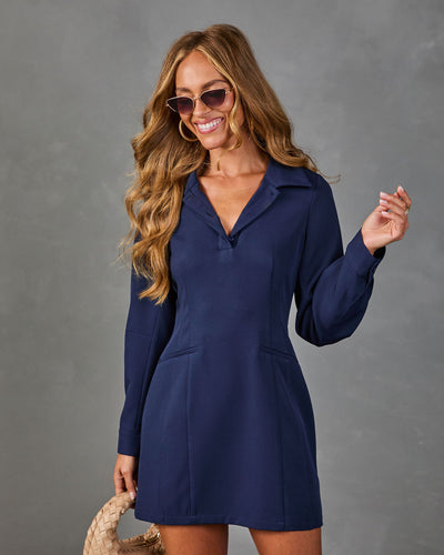 Pretty Ease Pleated Mini Shirt Dress in Navy