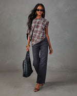 Alessi Plaid Off the Shoulder Frayed Trim Top