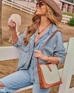 Tan/Ivory % Lorenne Leather Trim Canvas Bucket Bag-1