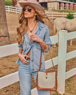 Tan/Ivory % Lorenne Leather Trim Canvas Bucket Bag-5