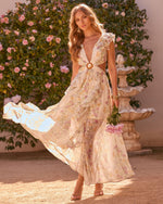 Ivory Floral % Soleil Printed Cutout Ruffle Maxi Dress-5