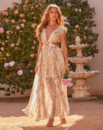 Ivory Floral % Soleil Printed Cutout Ruffle Maxi Dress-3