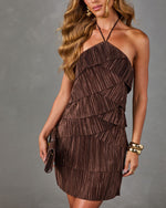 Janey Tiered Hater Neck Ruffle Satin Mini Dress