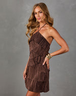 Janey Tiered Hater Neck Ruffle Satin Mini Dress