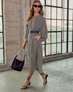 Black/Taupe % Dimarco Striped Pocketed Belted Midi Dress-3