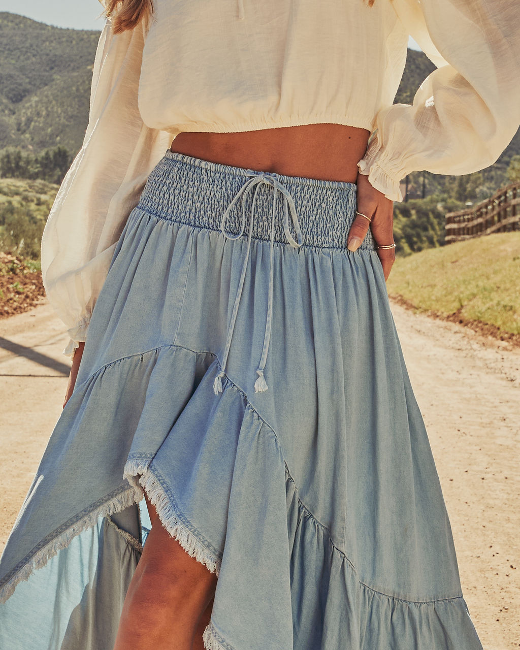 Prairie Rebel Frayed High Low Denim Maxi Skirt – VICI