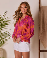 Remeah Print Pleated Chiffon Top