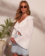 Bare Horizon Cotton Ruffle Front Tie Blouse