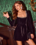 Janith Velvet Embellished Neckline Mini Dress