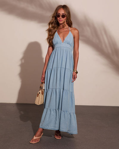 Maesy Tiered Halter Neck Chambray Maxi Dress  VICI