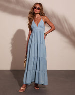Maesy Tiered Halter Neck Chambray Maxi Dress