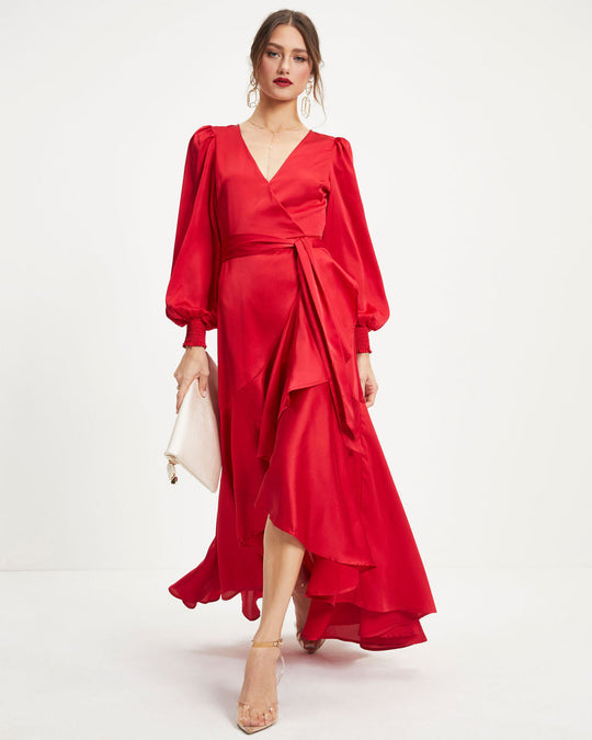 Red % Irresistible Desire Satin Ruffle Maxi Dress-1