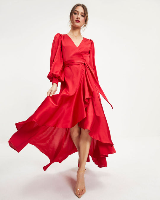 Red % Irresistible Desire Satin Ruffle Maxi Dress-3