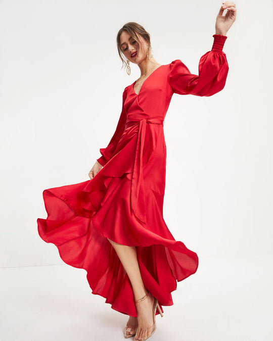 Red % Irresistible Desire Satin Ruffle Maxi Dress-5