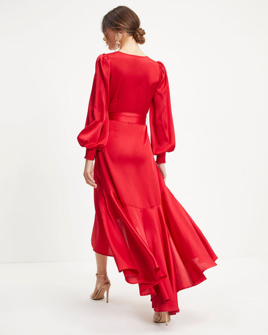 Red % Irresistible Desire Satin Ruffle Maxi Dress-4