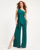 Hunter Green % Always On The List One Shoulder Front Tie Slit Jumpsuit 1