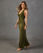 Maelys Lace Bodice Draped Waist Halter Neck Maxi Dress