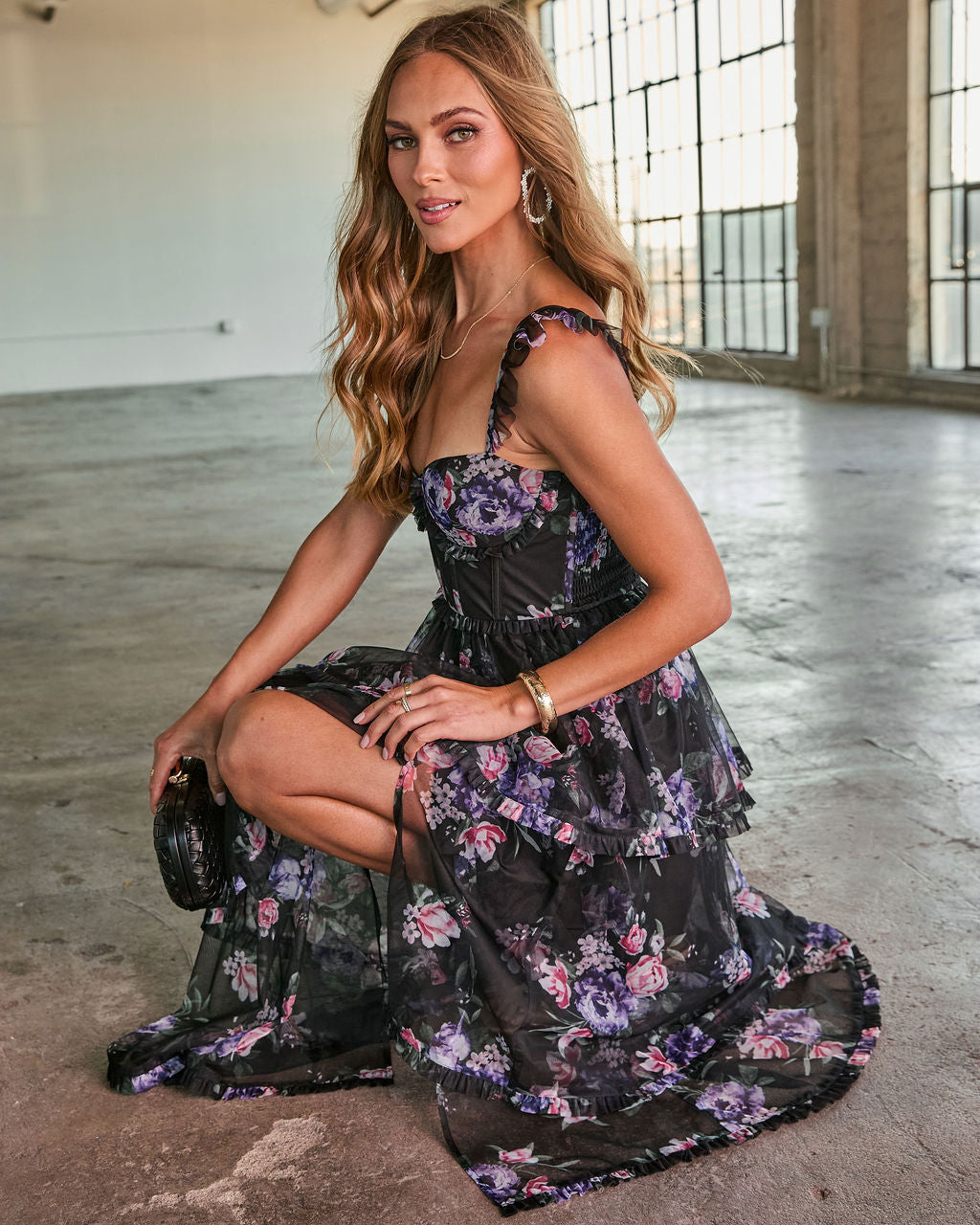 reina tiered mesh floral maxi dress Reina Tiered Mesh Floral Maxi Dress – VICI
