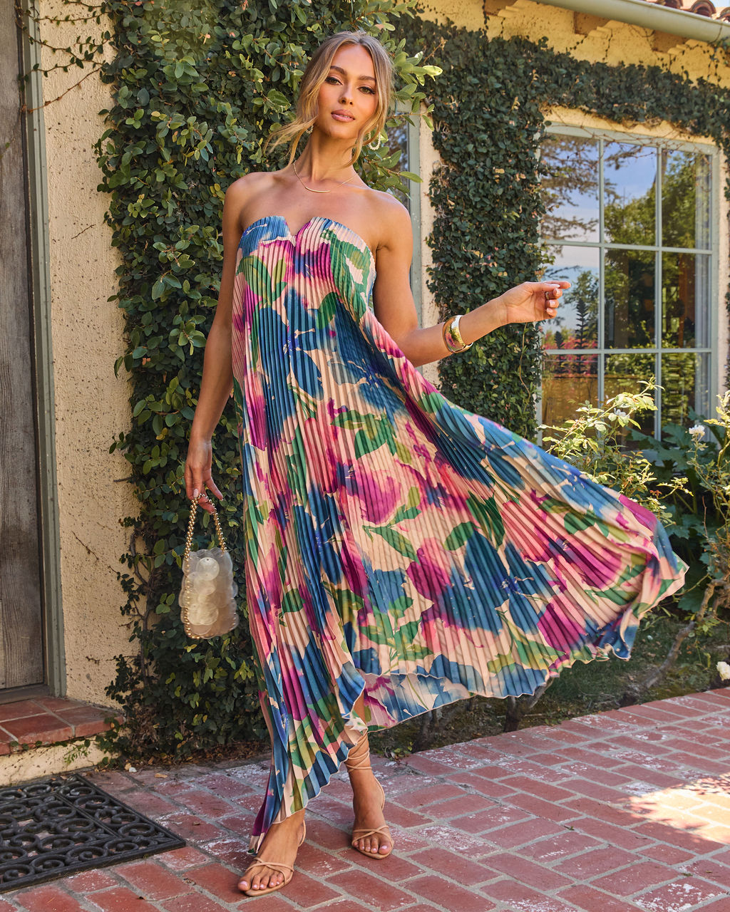 Adrenia Pleated Floral Print Satin Maxi Dress VICI Adrenia Pleated Floral Print Satin Maxi Dress VICI
