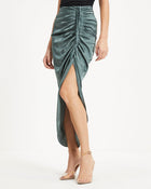 Dark Sage % Garcelle Ruched Embossed Satin Maxi Skirt 1