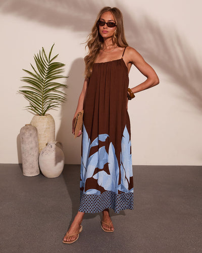 green abstract print plisse strappy maxi dress Amalfi Society Tropical Print Maxi Dress in Brown