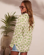 Sunset Escape Palm Print Linen Blend Button Down Top