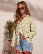 Sunset Escape Palm Print Linen Blend Button Down Top