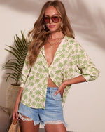 Sunset Escape Palm Print Linen Blend Button Down Top