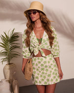 Sunset Escape Palm Print Linen Blend Button Down Top