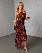 Black Multi % Modern Day Glam Printed One Shoulder Asymmetrical Maxi Dress-1