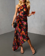 Modern Day Glam Printed One Shoulder Asymmetrical Maxi Dress in Green