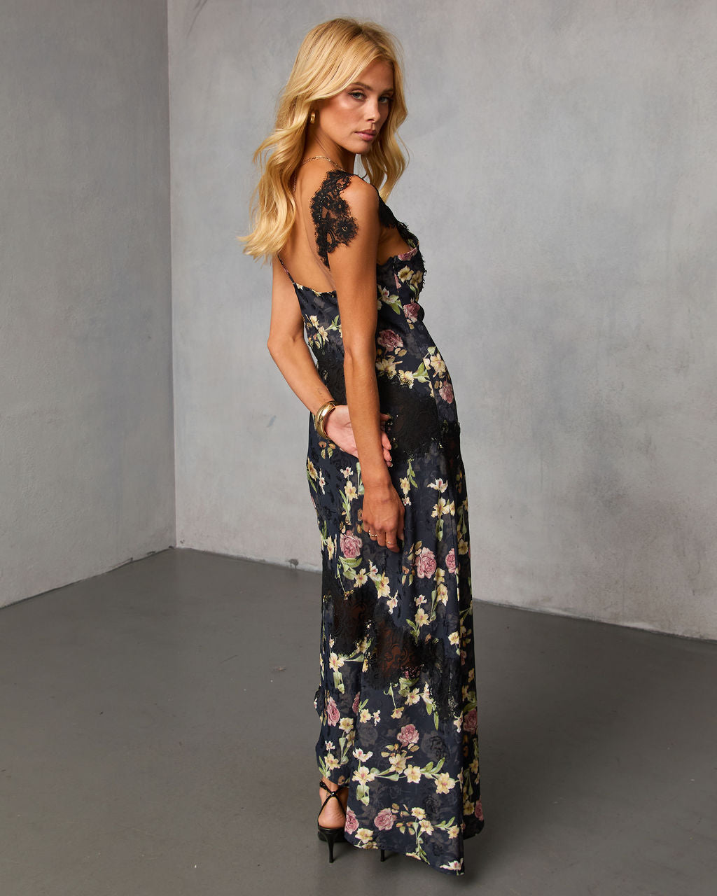 Rominah Printed Asymmetric Lace Trim Maxi Dress  VICI