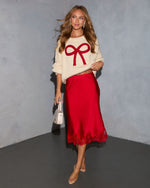 Red Multi % Oleandra Satin Lace Trim Midi Skirt-5