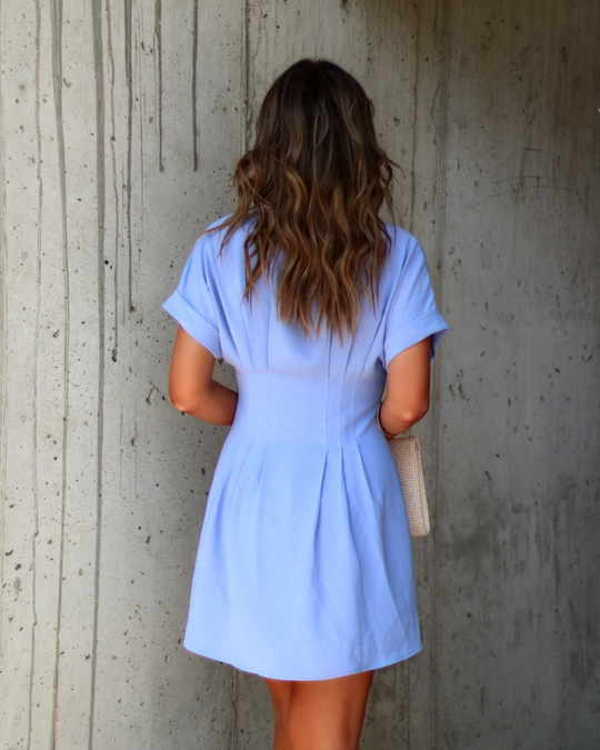 Blue  % Ginnie Pintuck Button Down Shirt Dress-2