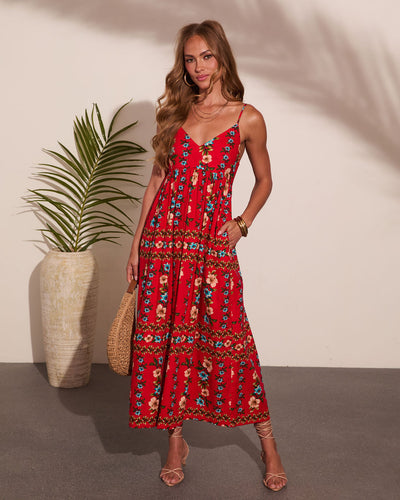 Wildflower Whisper Linen Blend Floral Maxi Dress in Red