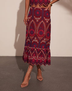 Wild Rhythm Embroidered Abstract Eyelet Midi Skirt