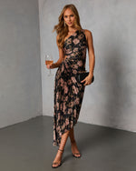 Black Floral % Modern Day Glam Printed One Shoulder Asymmetrical Maxi Dress-1