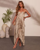 Adrenia Pleated Floral Print Satin Maxi Dress