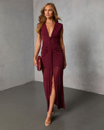 Burgundy % Toast Required Plunging Neckline Maxi Dress-6