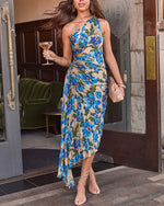 Modern Day Glam Printed One Shoulder Asymmetrical Maxi Dress