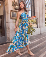 Blue Floral % Modern Day Glam Printed One Shoulder Asymmetrical Maxi Dress-4