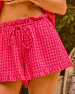 Coral Whisper Gingham Print Mid Rise Shorts