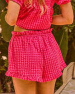Coral Whisper Gingham Print Mid Rise Shorts