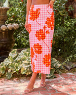 Checked Romance Floral Gingham Print Midi Skirt