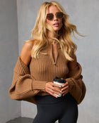 Taupe % Dreamlight Ribbed Quarter Zip Top And Dolman Cardigan Set-1