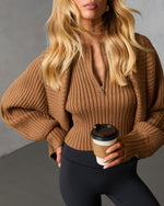 Taupe % Dreamlight Ribbed Quarter Zip Top And Dolman Cardigan Set-5