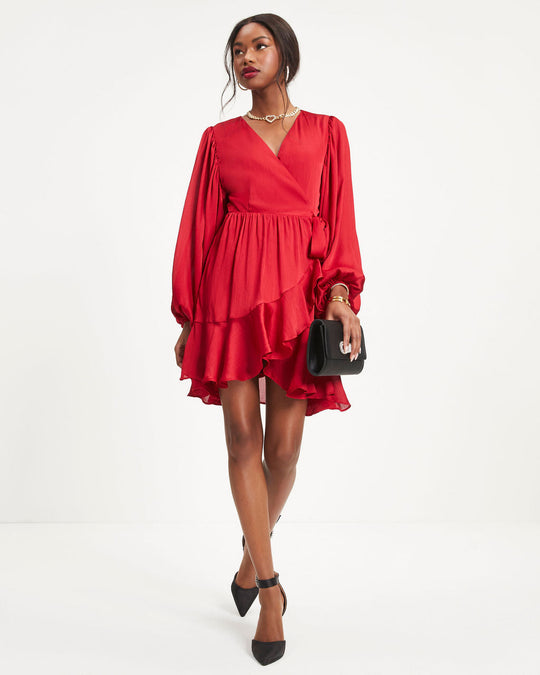 Red % Whitney Satin Wrap Ruffle Mini Dress-1