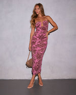 Mauve Multi % Delora Printed Mesh Strapless Midi Dress-1